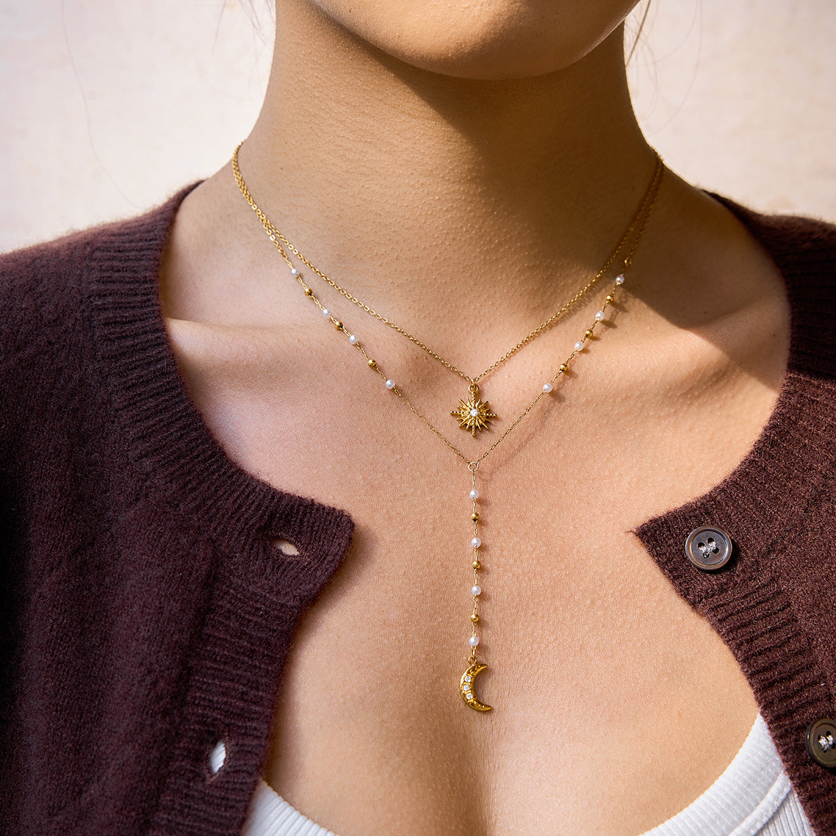 Sun & Moon Lariat Layered Necklace