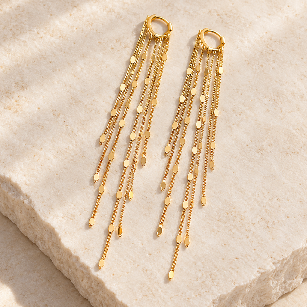 Gold tone disc chain fringe earrings, pair