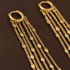 Close-up of gold tone hoops and disc chain details
