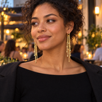 Model wearing gold tone fringe earrings for an evening look