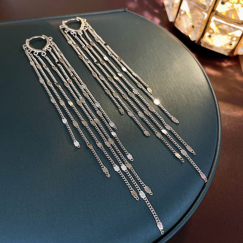 Silver tone disc chain fringe earrings, pair